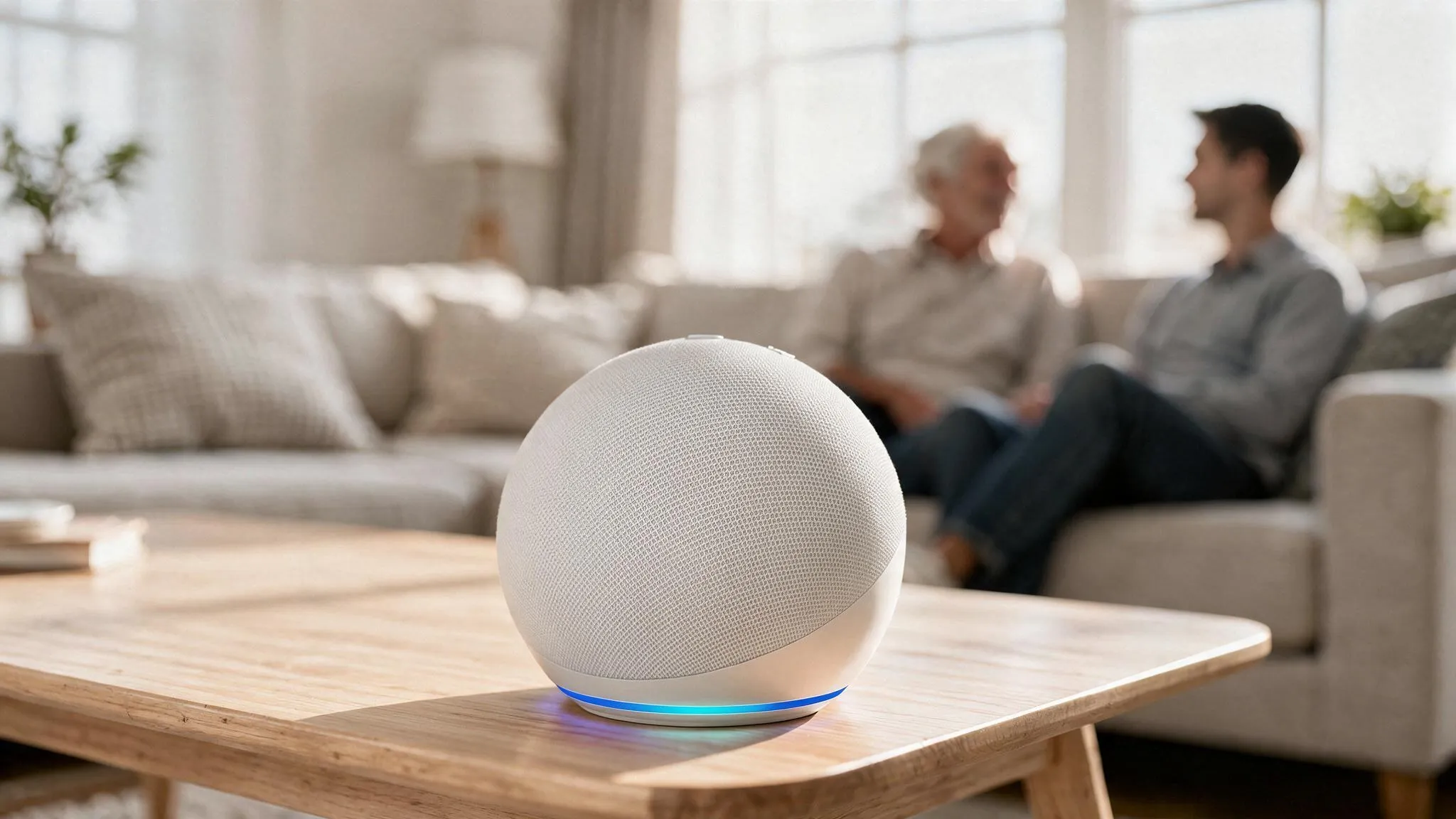 Ein weißer Echo-Lautsprecher steht auf einem Holztisch im Wohnzimmer. Im unscharfen Hintergrund sitzen zwei Männer auf dem Sofa und unterhalten sich.