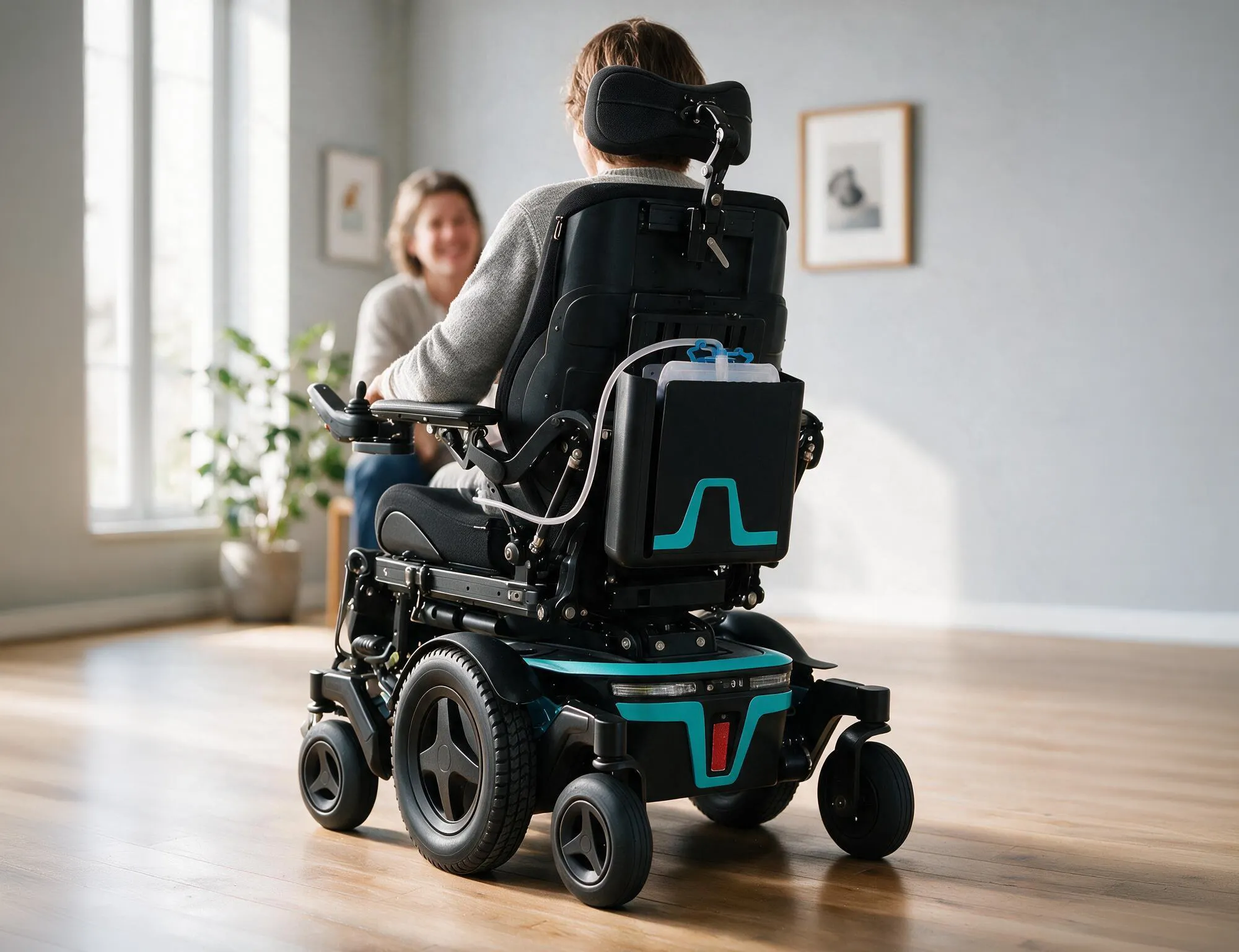 Elektrorollstuhl von hinten in einem hellen Wohnzimmer: An der Rückenlehne sitzt der Flowcase in der Blau-Variante mit türkisblauer Akzentlinie. Die Person im Rollstuhl unterhält sich mit einer lächelnden Person gegenüber.