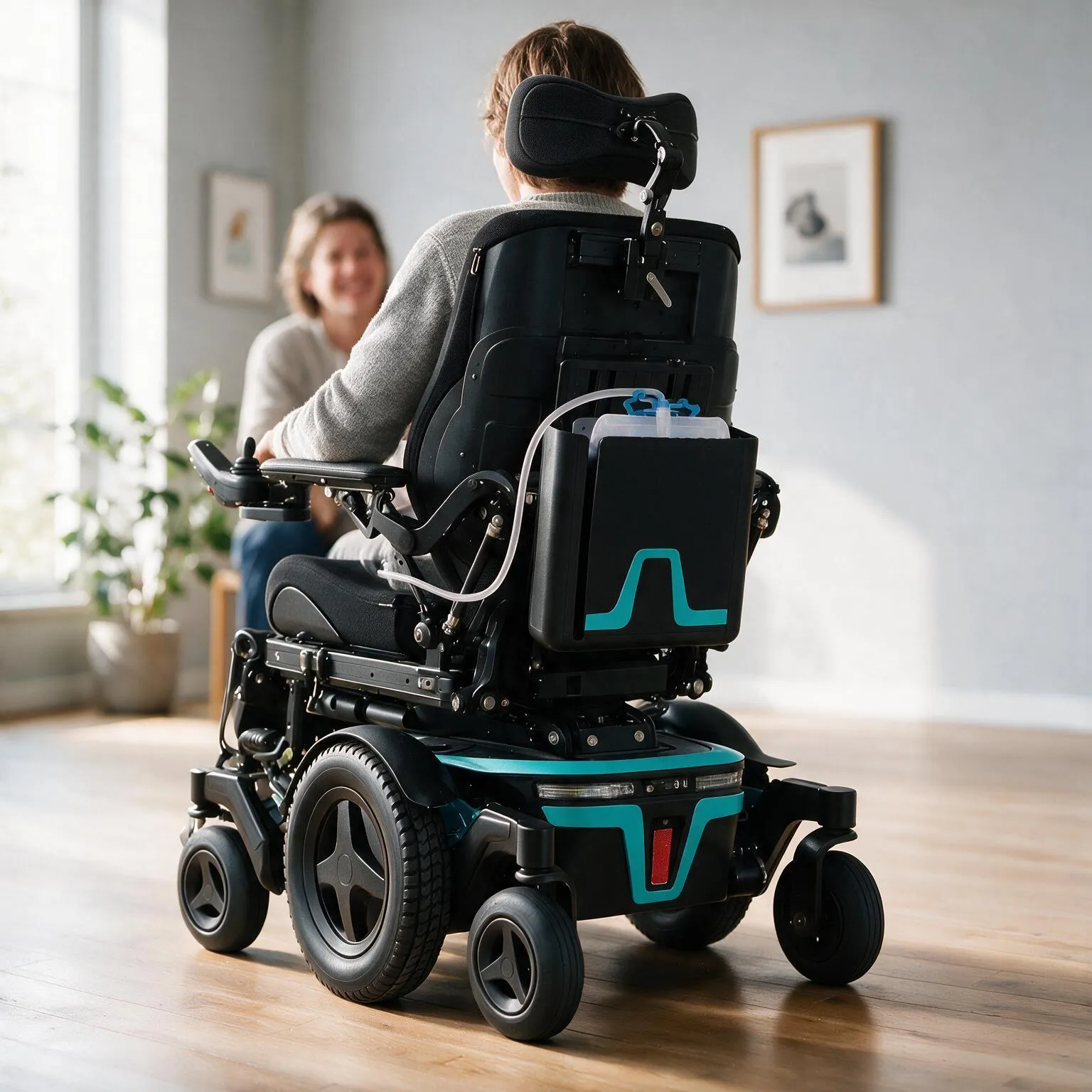 Elektrorollstuhl von hinten in einem hellen Wohnzimmer: An der Rückenlehne sitzt der Catback in der Blau-Variante mit türkisblauer Akzentlinie. Die Person im Rollstuhl unterhält sich mit einer lächelnden Person gegenüber.