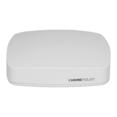 Flache weiße Smart-Home-Zentrale mit abgerundeten Kanten und Homepilot-Schriftzug.