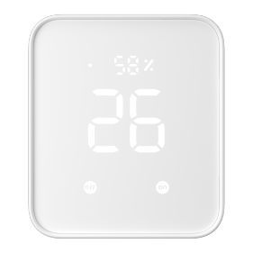 Weißes flaches Gerät mit Display, das Temperatur und Luftfeuchtigkeit anzeigt.