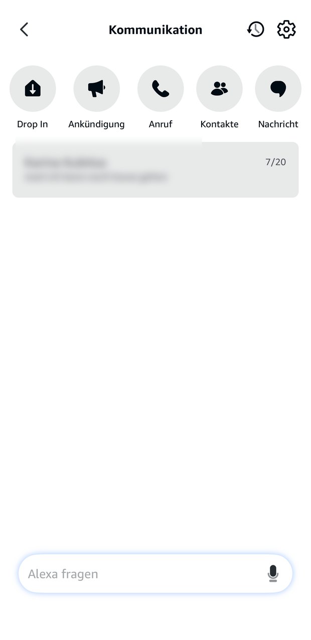 Kommunikations-Übersicht der Alexa-App mit Drop In, Ankündigung, Anruf, Kontakte und Nachricht.