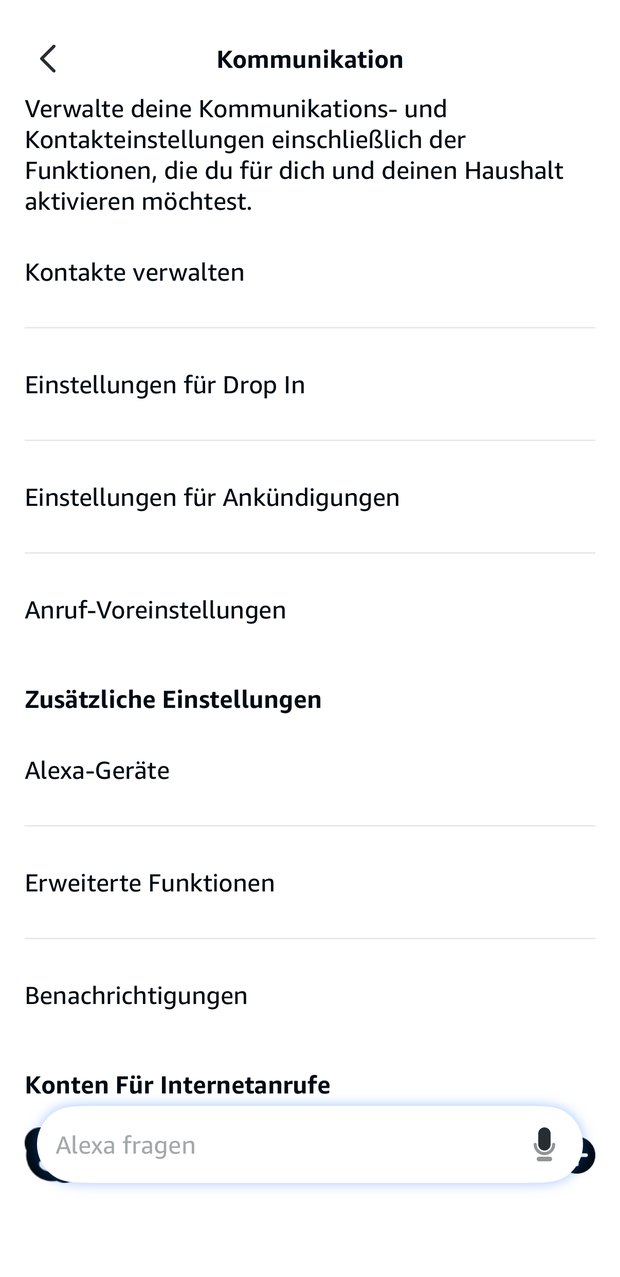 Liste der Kommunikations-Einstellungen mit dem Eintrag „Einstellungen für Drop In“.