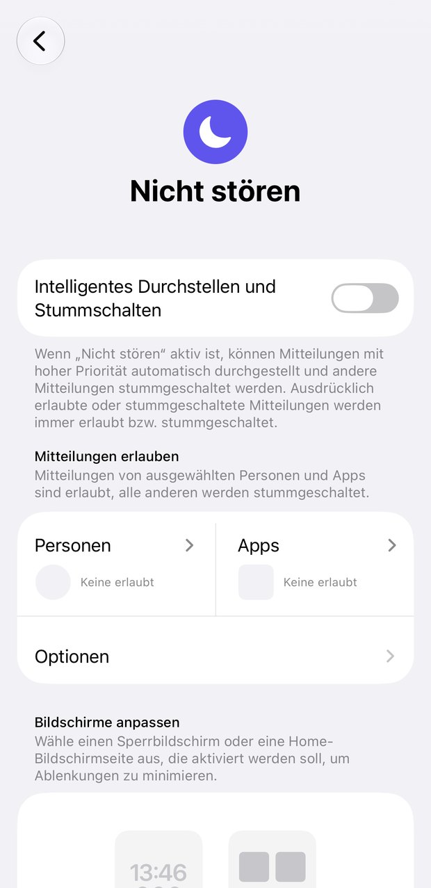 Einstellungen für „Nicht stören“ mit den Feldern Personen und Apps.