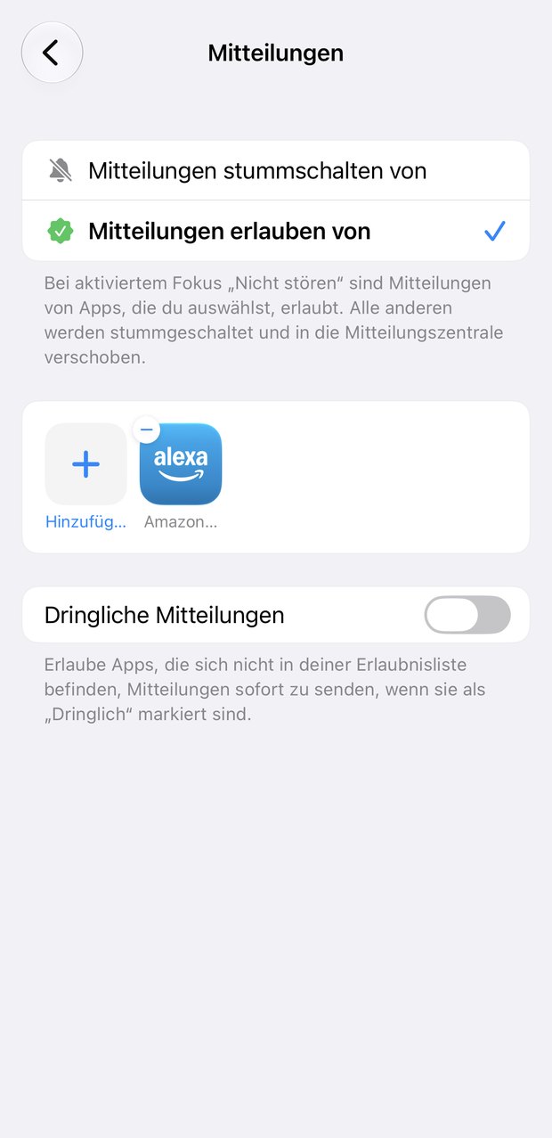 Liste der erlaubten Apps, in der die Amazon-Alexa-App eingetragen ist.